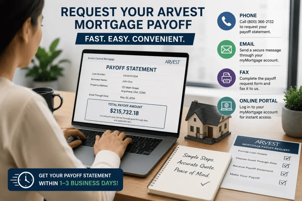 Person using a laptop to submit an Arvest mortgage payoff request online with payoff statement, phone, email, fax, and portal options displayed.