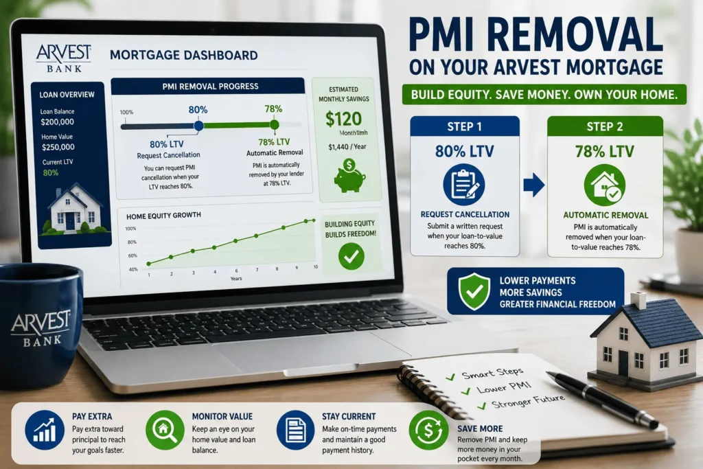 Arvest mortgage PMI removal process showing 80 percent LTV cancellation request and 78 percent automatic PMI termination.
