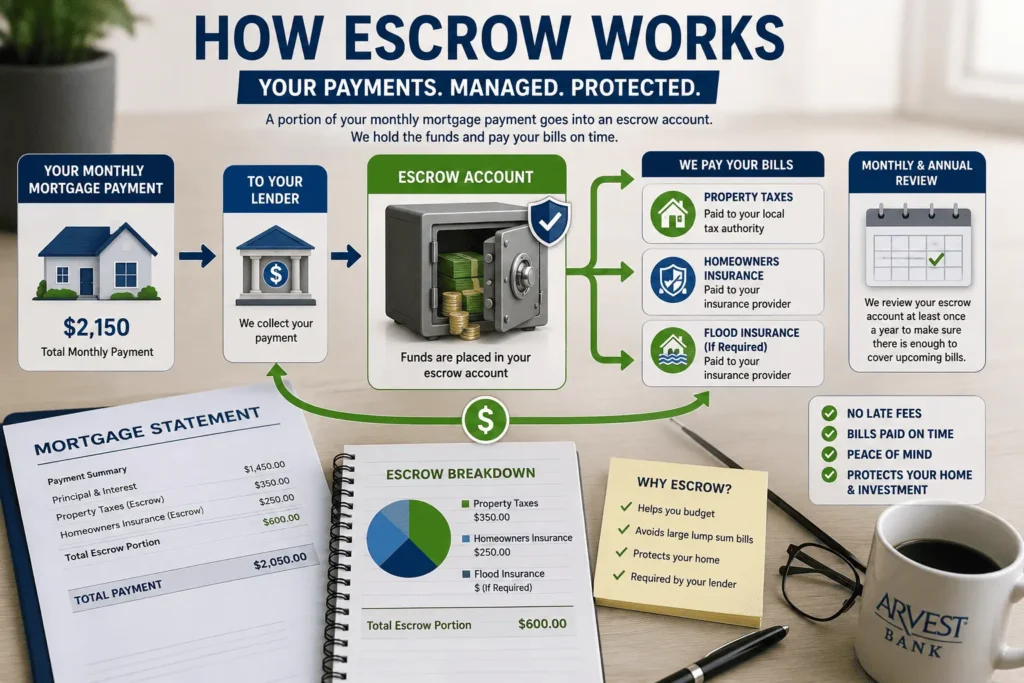 Arvest mortgage insurance guide explaining escrow payments, property taxes, homeowners insurance, and monthly mortgage billing.