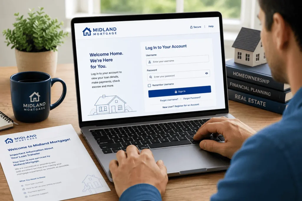 Homeowner using Midland Mortgage Login to securely access mortgage account, make payments, and view escrow information online.