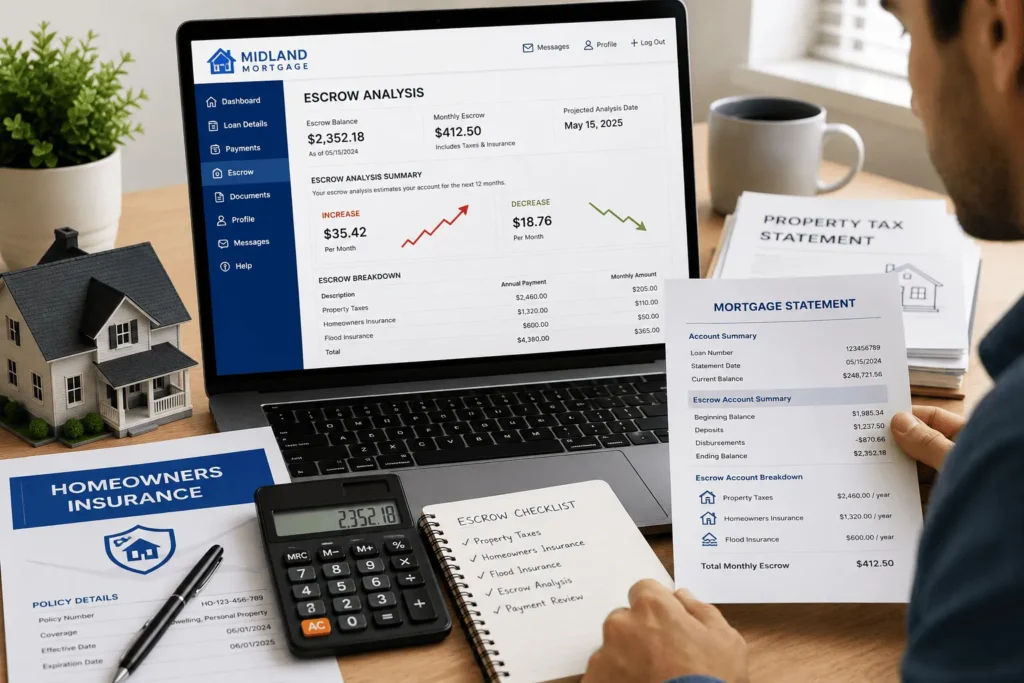 Homeowner reviewing Midland Mortgage escrow account statement with property tax, insurance costs, and monthly payment analysis.