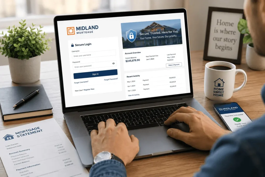 Midland Mortgage login portal with secure sign in, mortgage payment options, account dashboard, and online loan management