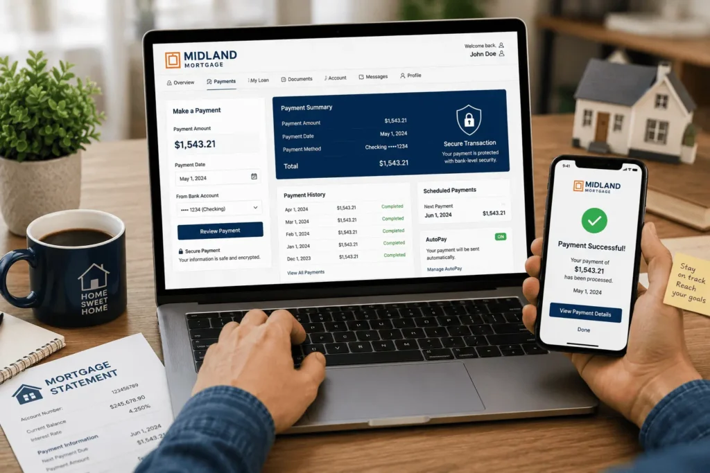 Midland Mortgage login portal with online payment dashboard, mortgage account management, payment confirmation, and secure access