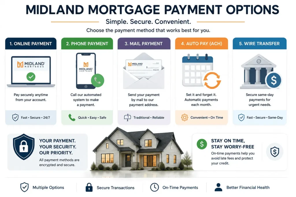 Midland Mortgage payment options including online payment, phone payment, mail check, Auto Pay ACH, and wire transfer for homeowners