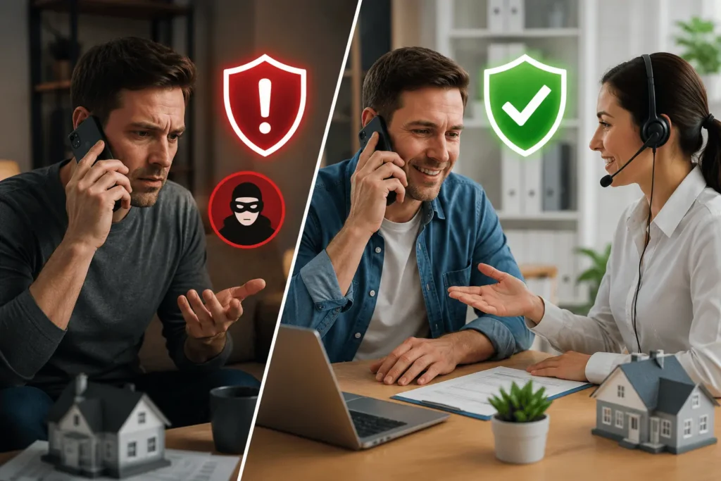 Midland Mortgage Phone Number scam warning showing safe customer support versus fraudulent phone call scenario