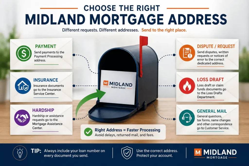 Midland Mortgage Address infographic showing the correct mailing address for payments, insurance, disputes, and more