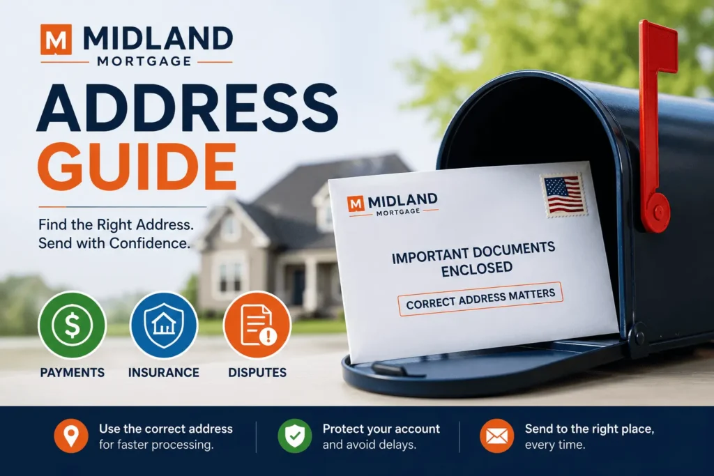 Midland Mortgage Address guide with a mailbox, envelope, and home icon to help choose the correct mailing address