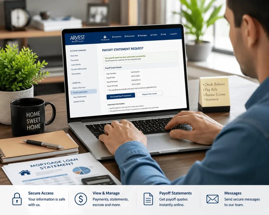 Arvest mortgage phone number support and online payoff statement request dashboard for mortgage account management.