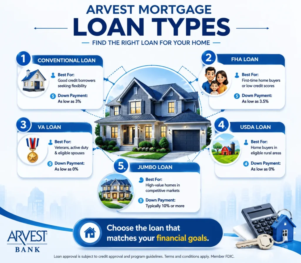 Arvest Mortgage loan types comparison showing Conventional, FHA, VA, USDA, and Jumbo home loan options
