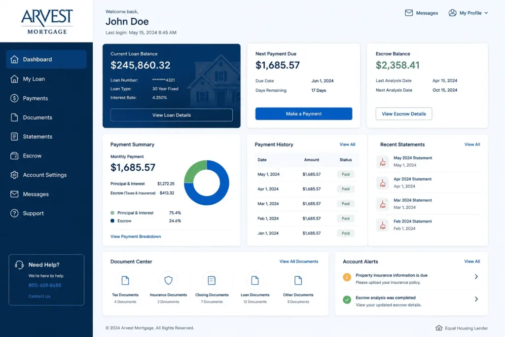 Arvest Mortgage Login account dashboard displaying loan details payment history and mortgage documents