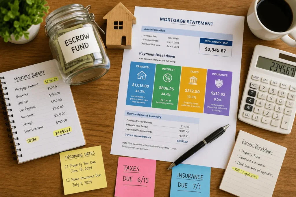 Arvest mortgage payment breakdown showing principal interest taxes insurance and escrow allocation on a financial planning desk