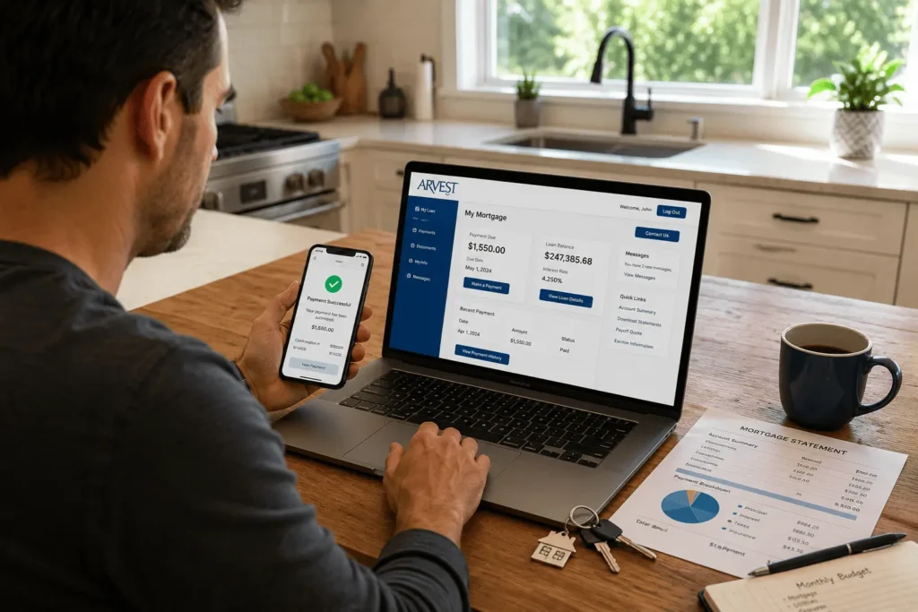 Arvest mortgage payment being made online through a laptop dashboard with payment confirmation on smartphone and mortgage documents on table