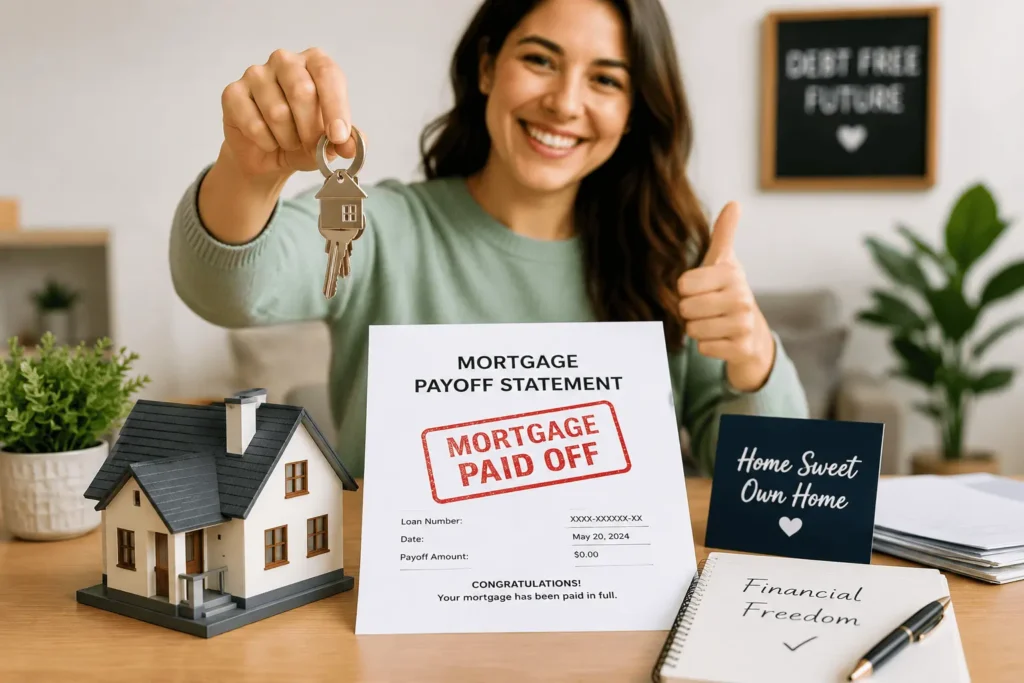 Happy homeowner holding house keys after completing an Arvest mortgage payoff with paid-off mortgage documents and house model.