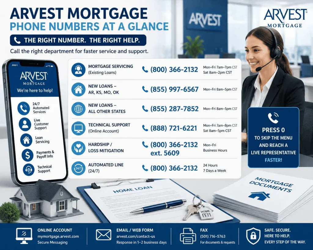 Arvest mortgage phone number guide featuring customer service contacts, mortgage payment support, technical assistance, and loan servicing information.