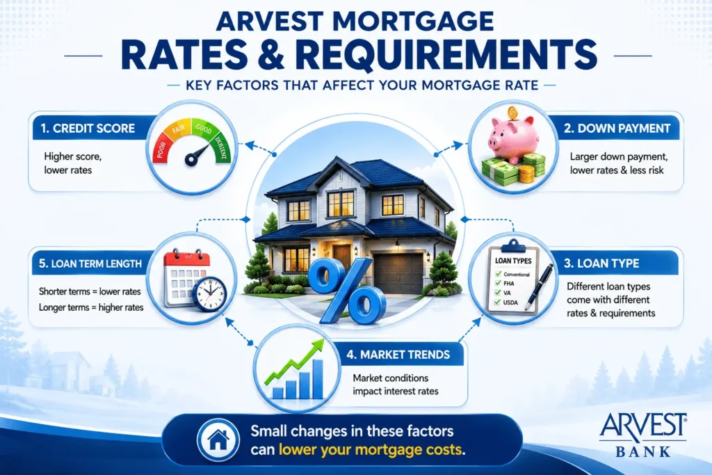 Arvest Mortgage rates and requirements infographic showing credit score, down payment, loan type, market trends, and loan term factors