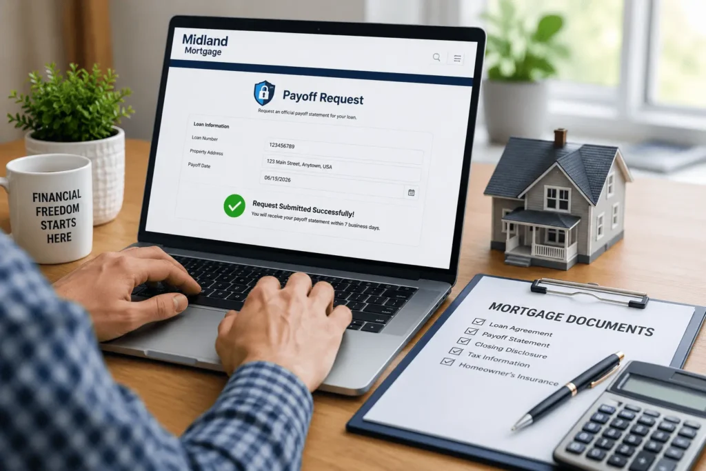 Midland Mortgage Payoff Request submitted online with mortgage documents, laptop, calculator, and home model.