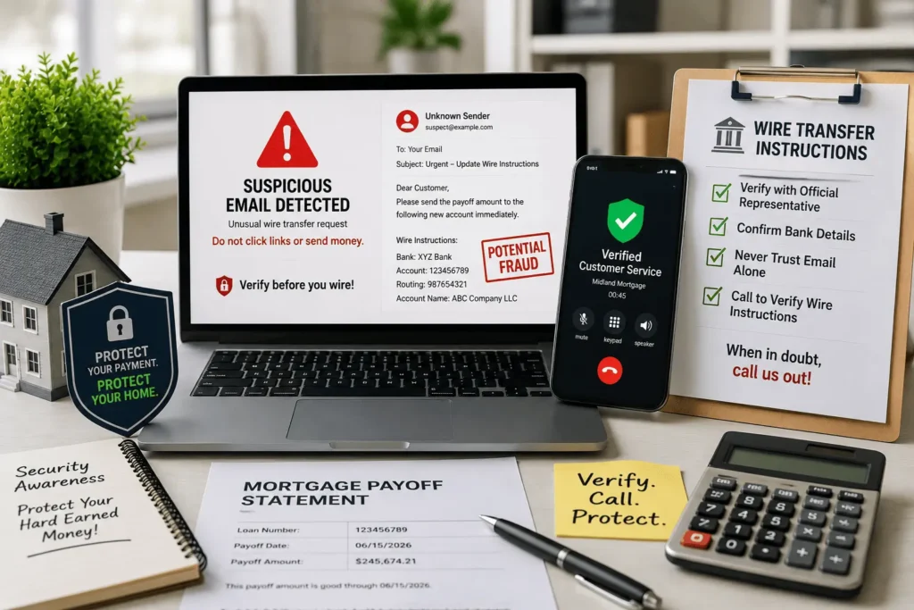 Midland Mortgage Payoff Request wire fraud warning showing secure transfer verification and suspicious email alert.