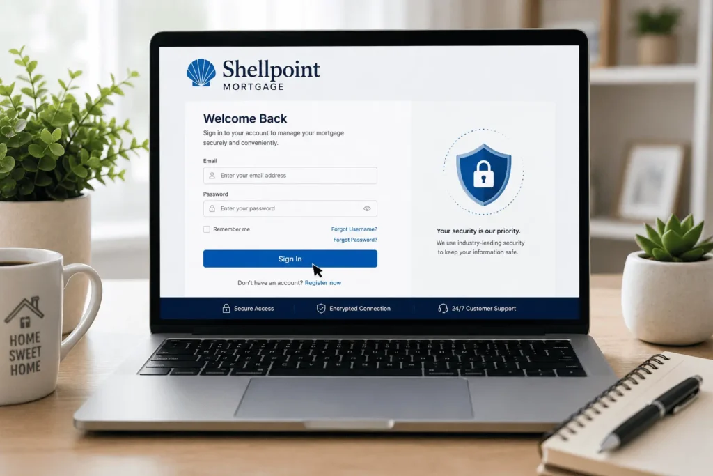 Shellpoint Mortgage login page on a modern laptop with secure sign-in fields, password access, and lock icon