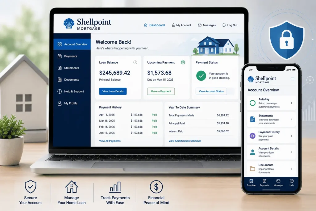 Shellpoint Mortgage login dashboard displaying loan balance, upcoming payments, account history, and mobile tools