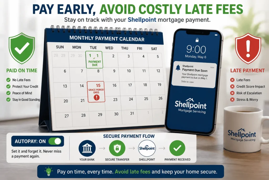 Shellpoint mortgage payment calendar with autopay reminder to pay early, protect credit, and prevent costly late fees