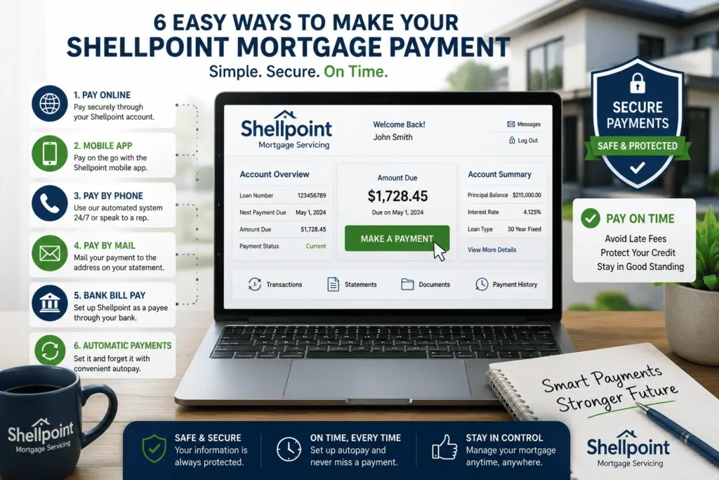 Shellpoint mortgage payment dashboard showing six secure ways to pay online, by phone, mail, bank, or autopay