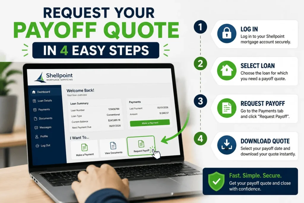 Shellpoint mortgage payoff request showing four easy steps to log in, select a loan, request and download a quote