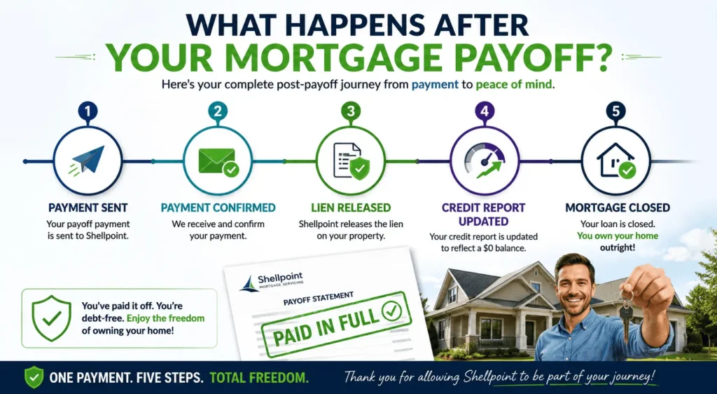 Shellpoint mortgage payoff request timeline showing payment confirmation, lien release, credit update, and loan closure
