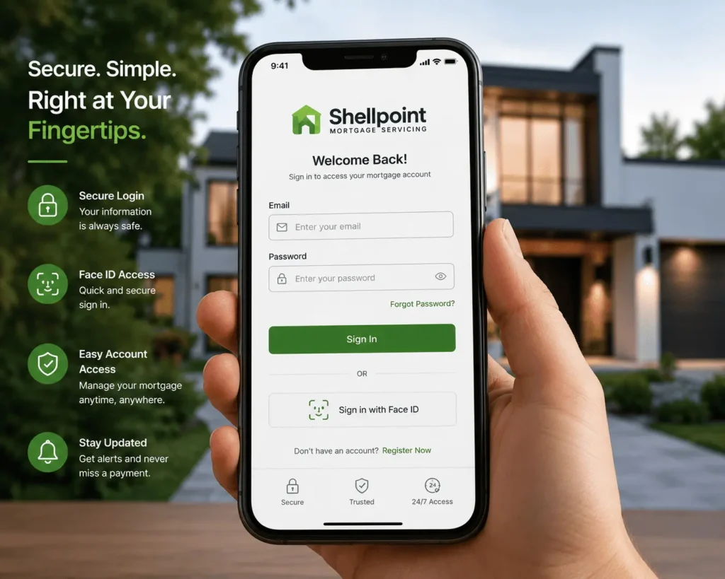 Shellpoint Mortgage Payment App login screen showing secure sign in, Face ID, and account access for homeowners.