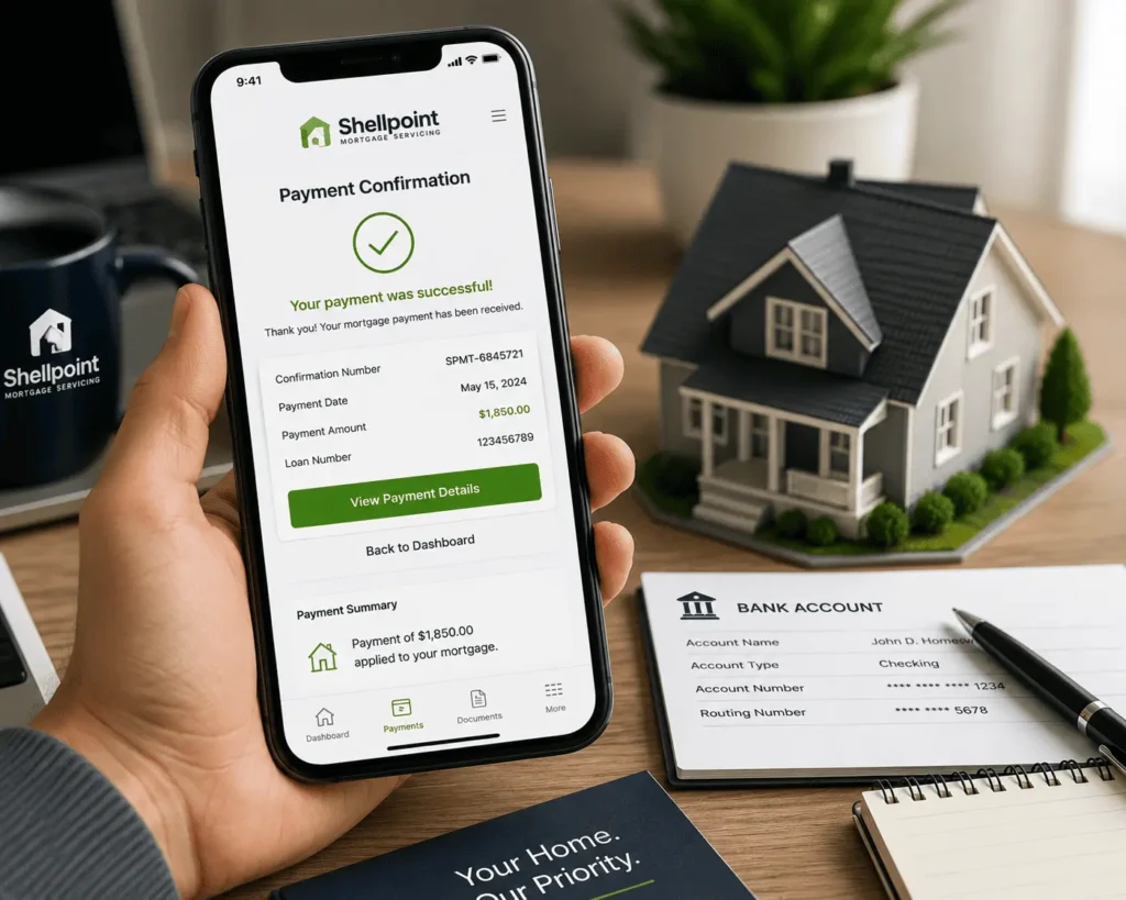 Shellpoint Mortgage Payment App showing secure mortgage payment process, payment confirmation, and account dashboard.