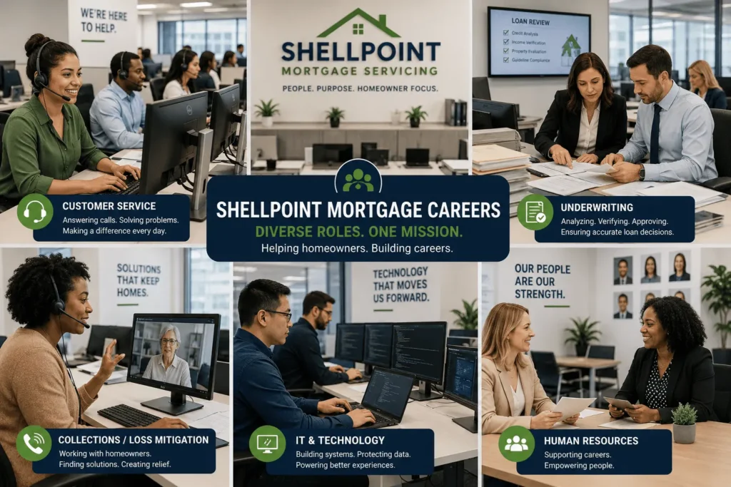 Shellpoint Mortgage Careers showing customer service, underwriting, collections, HR, and IT job opportunities in a modern office