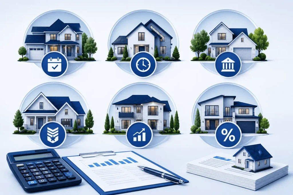 Midland mortgage rates loan types infographic comparing FHA, VA, ARM, Jumbo and fixed mortgage options