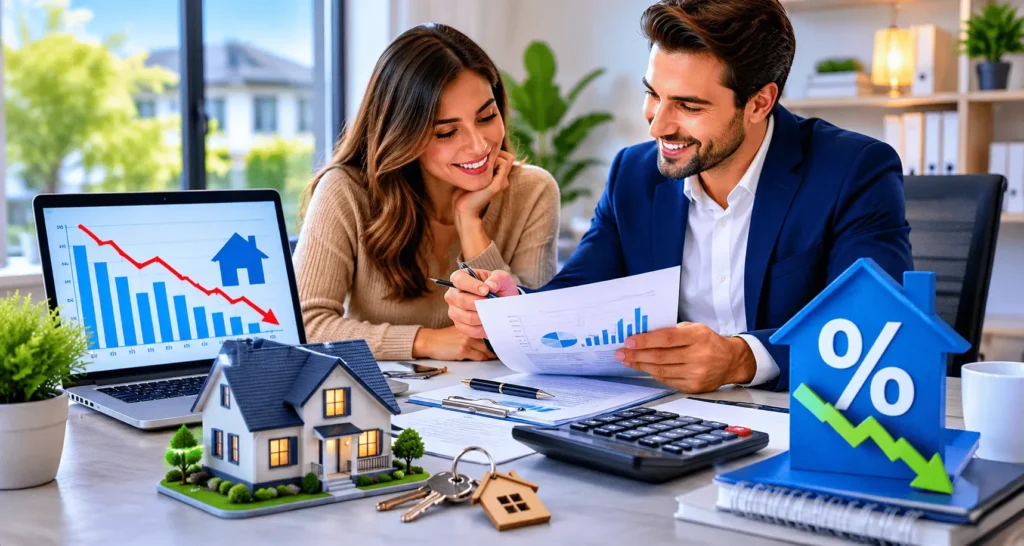 Midland mortgage rates consultation with homebuyer reviewing loan documents to secure the best mortgage deal