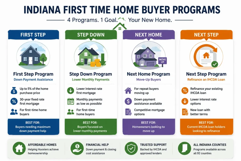 First Time Home Buyer Indiana IHCDA programs including First Step, Step Down, Next Home and Next Step