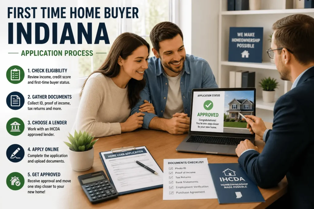 First Time Home Buyer Indiana application process with mortgage advisor helping buyers apply for home assistance