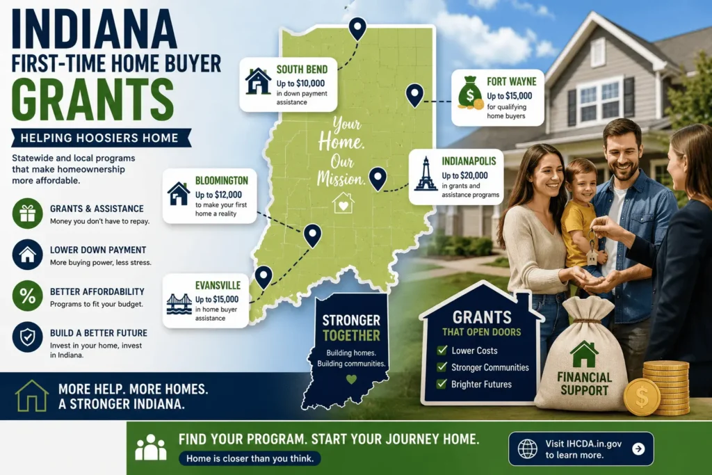 Indiana first time home buyer grants map highlighting statewide and local down payment assistance programs.