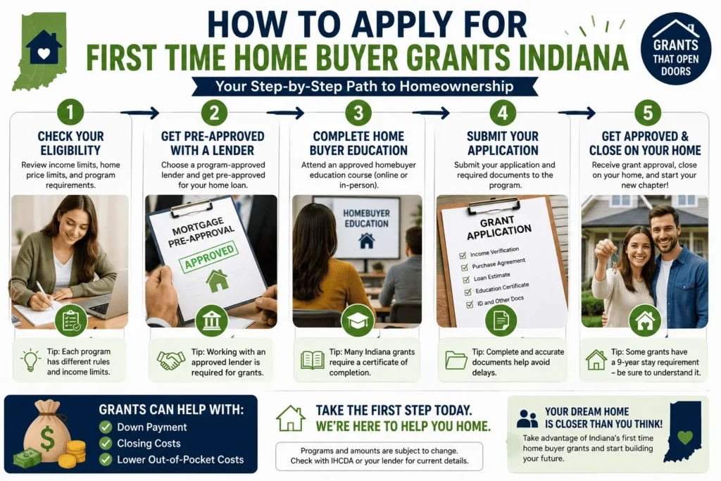 How to apply for first time home buyer grants Indiana with lender approval, education, and closing process.