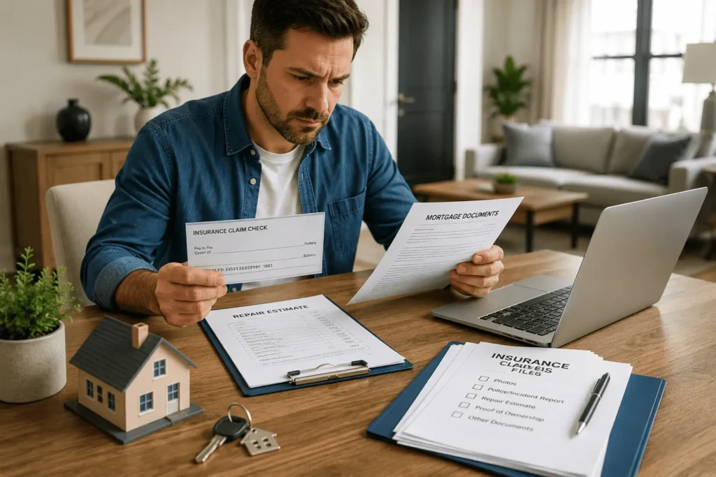 Midland Mortgage Insurance Department claim process with homeowner reviewing insurance check and mortgage documents