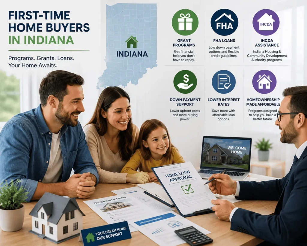 Indiana first time home buyer assistance programs including IHCDA grants, FHA loans, and down payment support