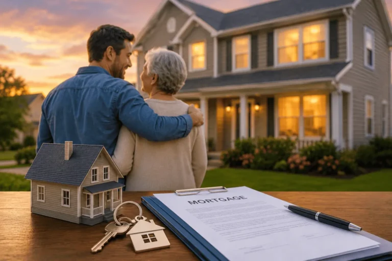 Family Opportunity Mortgage helping an elderly parent move into a new home with mortgage paperwork and family support