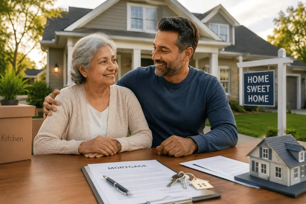 Family Opportunity Mortgage helping an elderly parent move into a new home with mortgage paperwork and family support