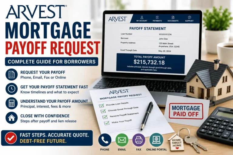 Arvest mortgage payoff request guide showing payoff statement, mortgage documents, house model, calculator, and online payoff request process.