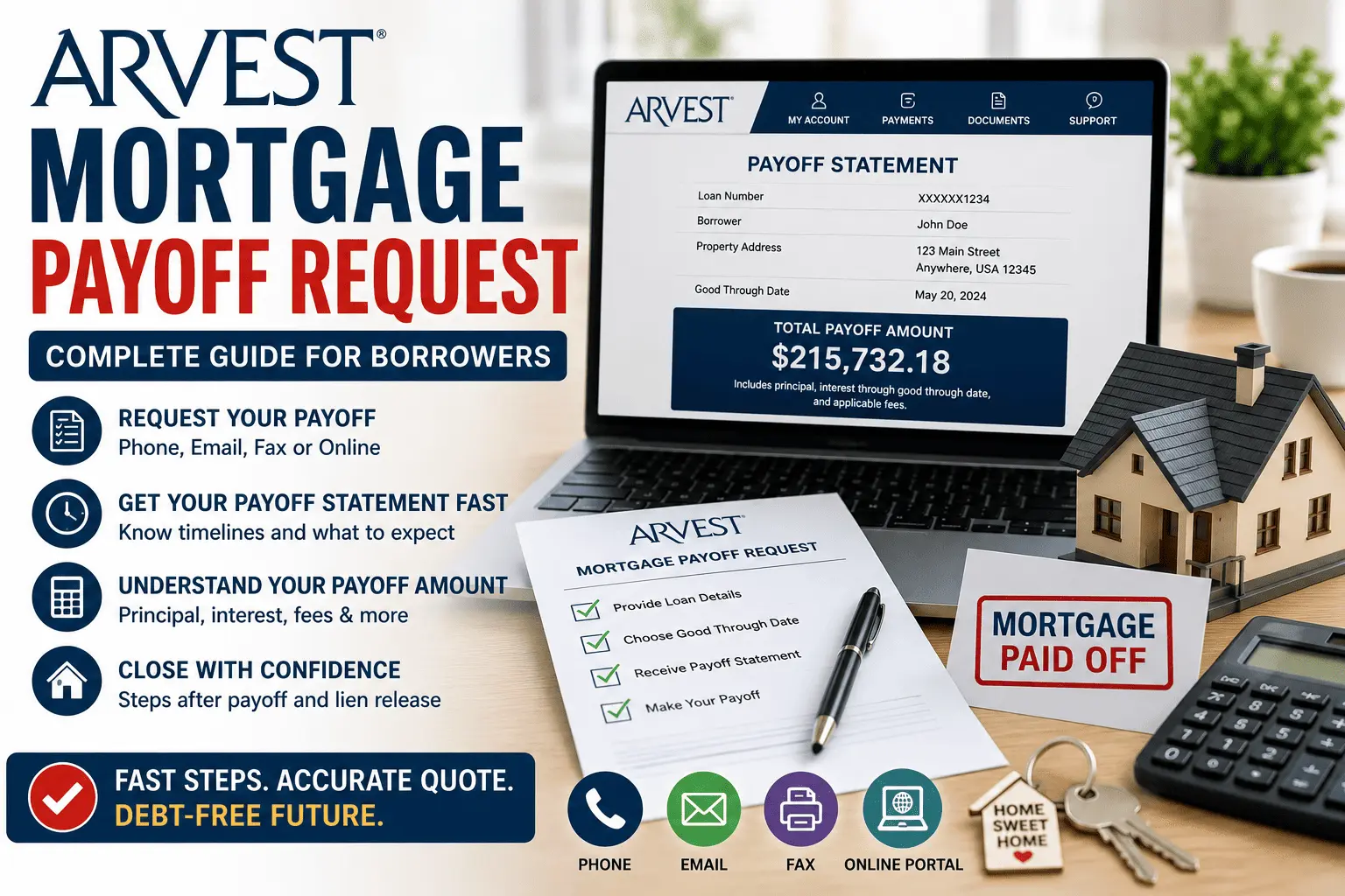 Arvest mortgage payoff request guide showing payoff statement, mortgage documents, house model, calculator, and online payoff request process.