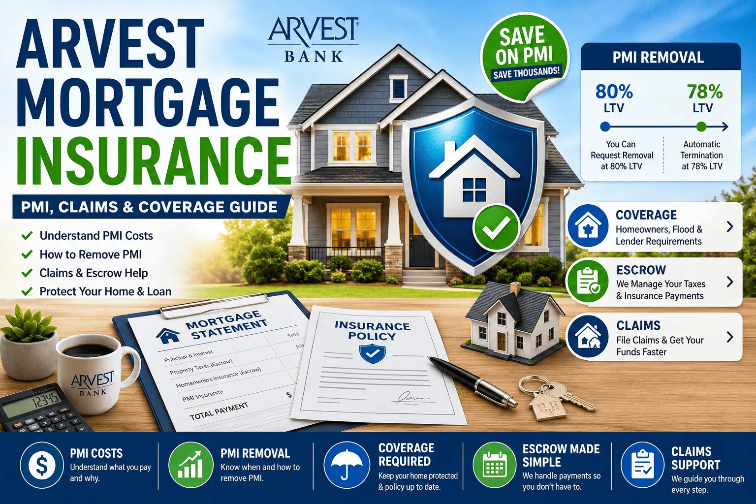 Arvest mortgage insurance infographic covering PMI removal, insurance claims, escrow management, and homeowners coverage requirements.