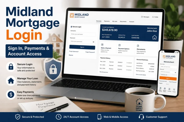Midland Mortgage login page showing secure account access, online payments, mortgage dashboard, and account management tools