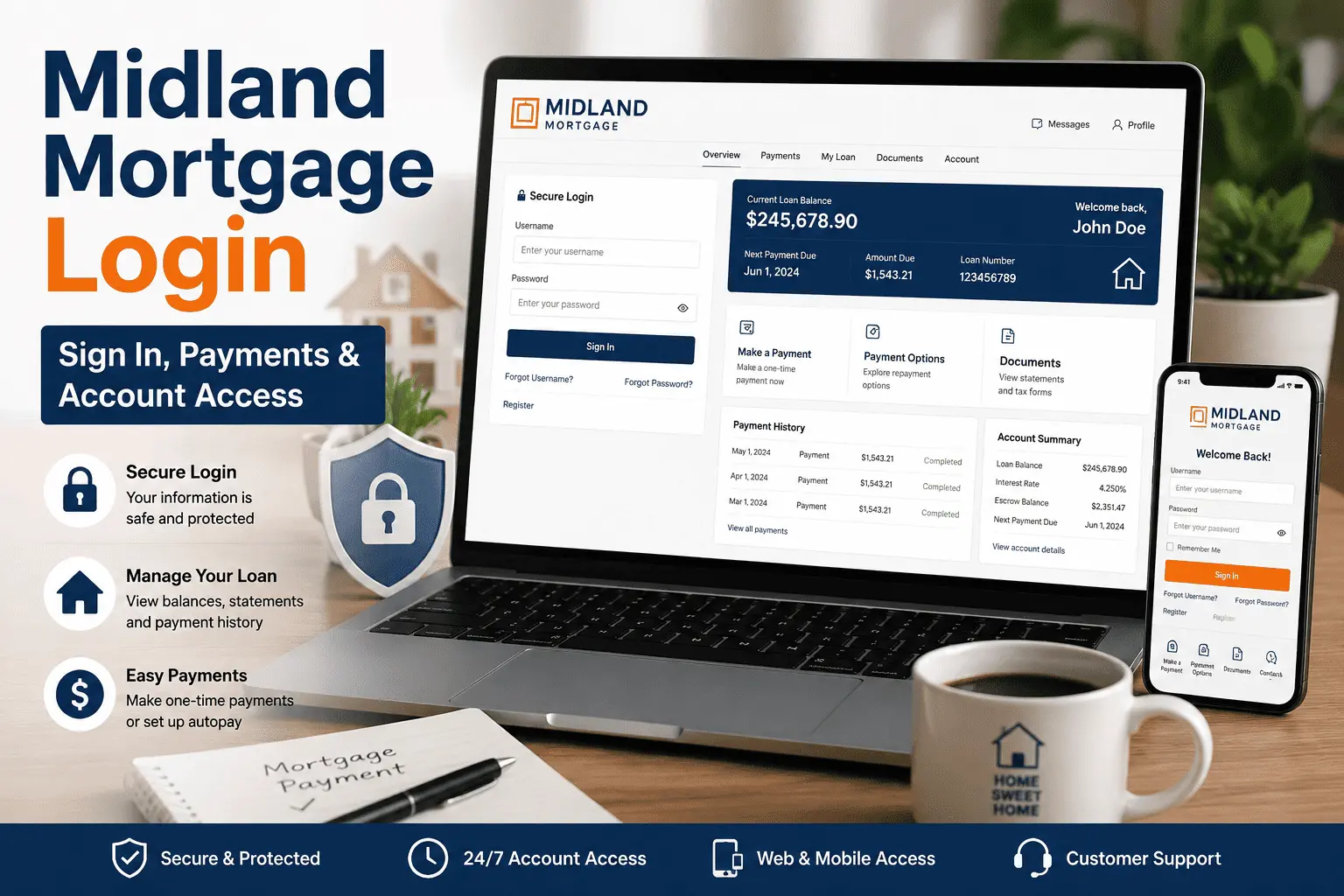 Midland Mortgage login page showing secure account access, online payments, mortgage dashboard, and account management tools