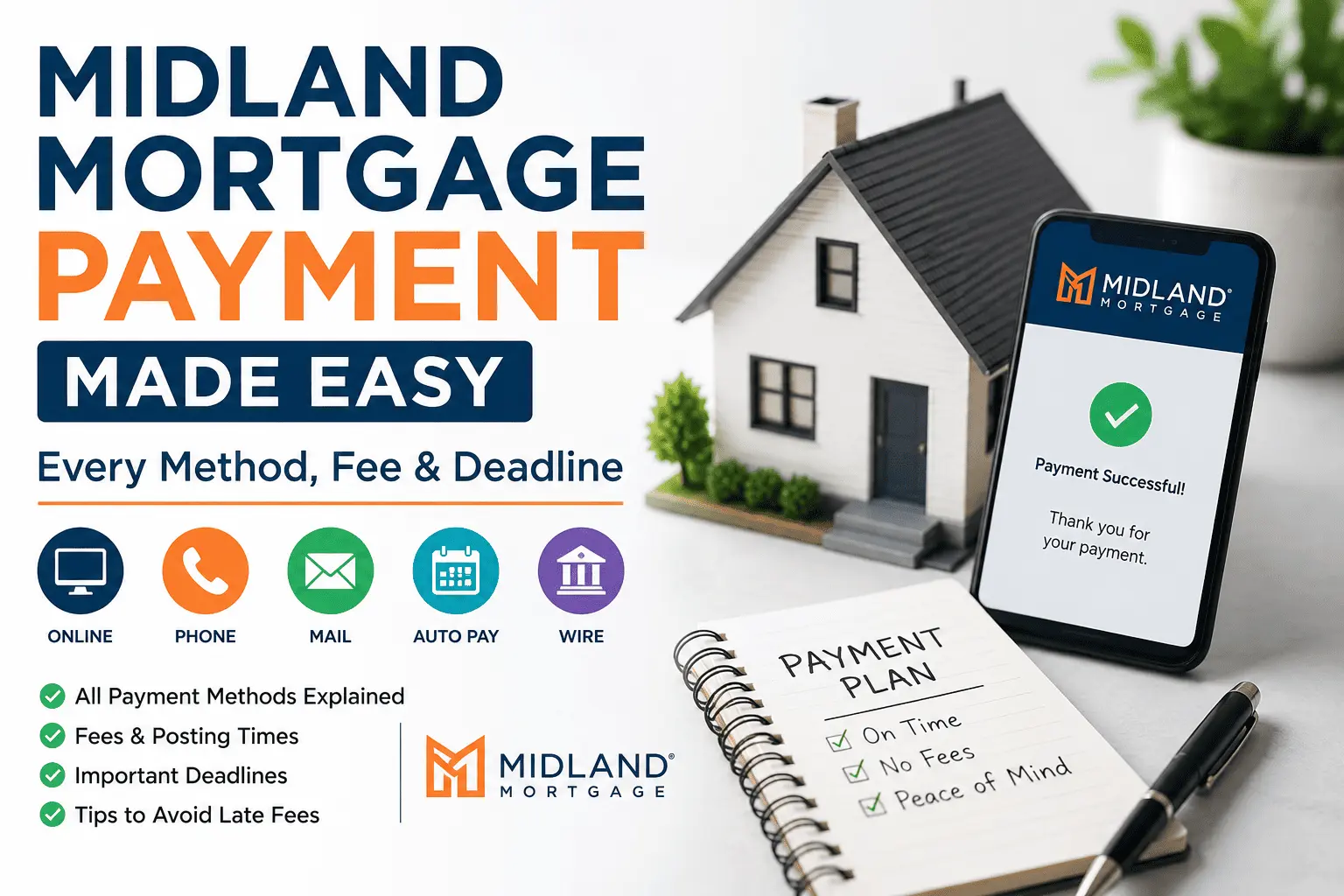 Midland Mortgage payment guide showing online payment options, Auto Pay, phone payments, deadlines, fees, and homeowner mortgage management.