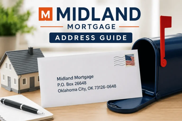 Midland Mortgage Address guide showing the correct mailing address with envelope, mailbox, and home model