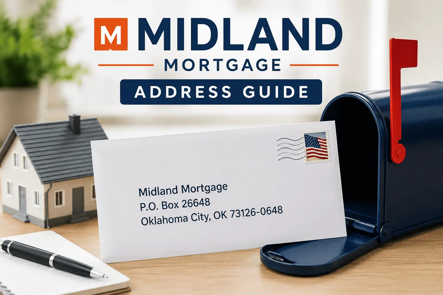Midland Mortgage Address guide showing the correct mailing address with envelope, mailbox, and home model
