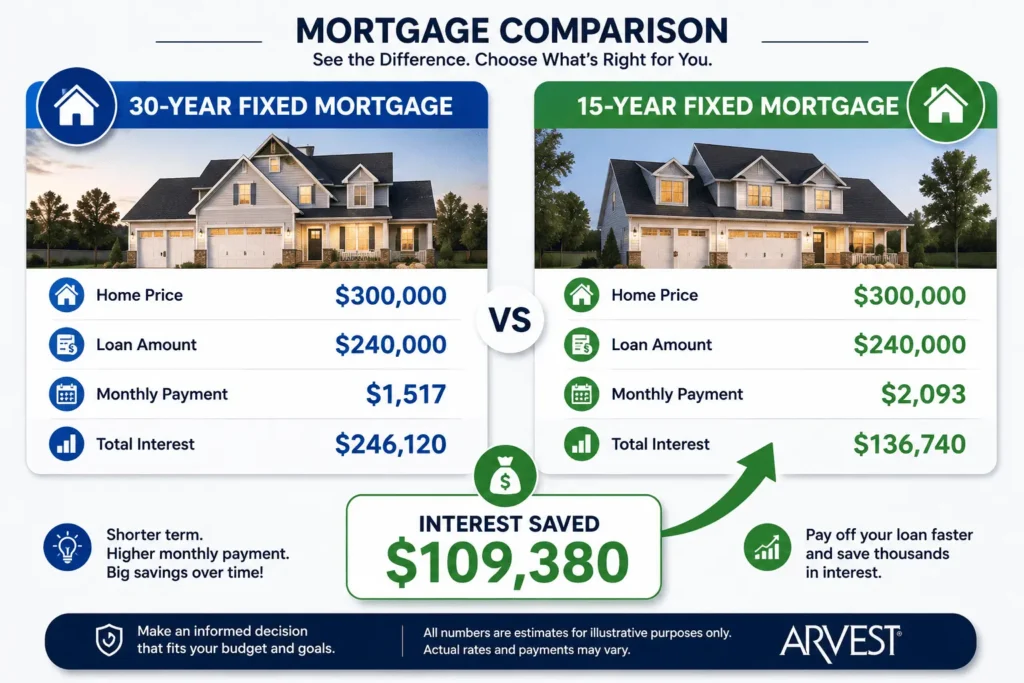 Arvest mortgage calculator comparison showing 15-year vs 30-year fixed mortgage payments, total interest costs, and $109,380 interest savings.
