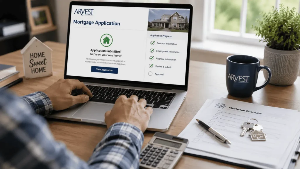 Arvest mortgage loan online application process with approval checklist, documents and house keys
